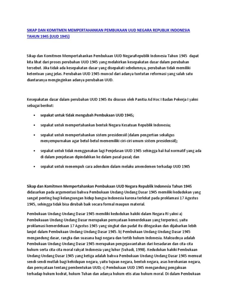 Sikap Dan Komitmen Mempertahankan Pembukaan Uud Negara Republik Indonesia  TAHUN 1945 (UUD 1945) | PDF