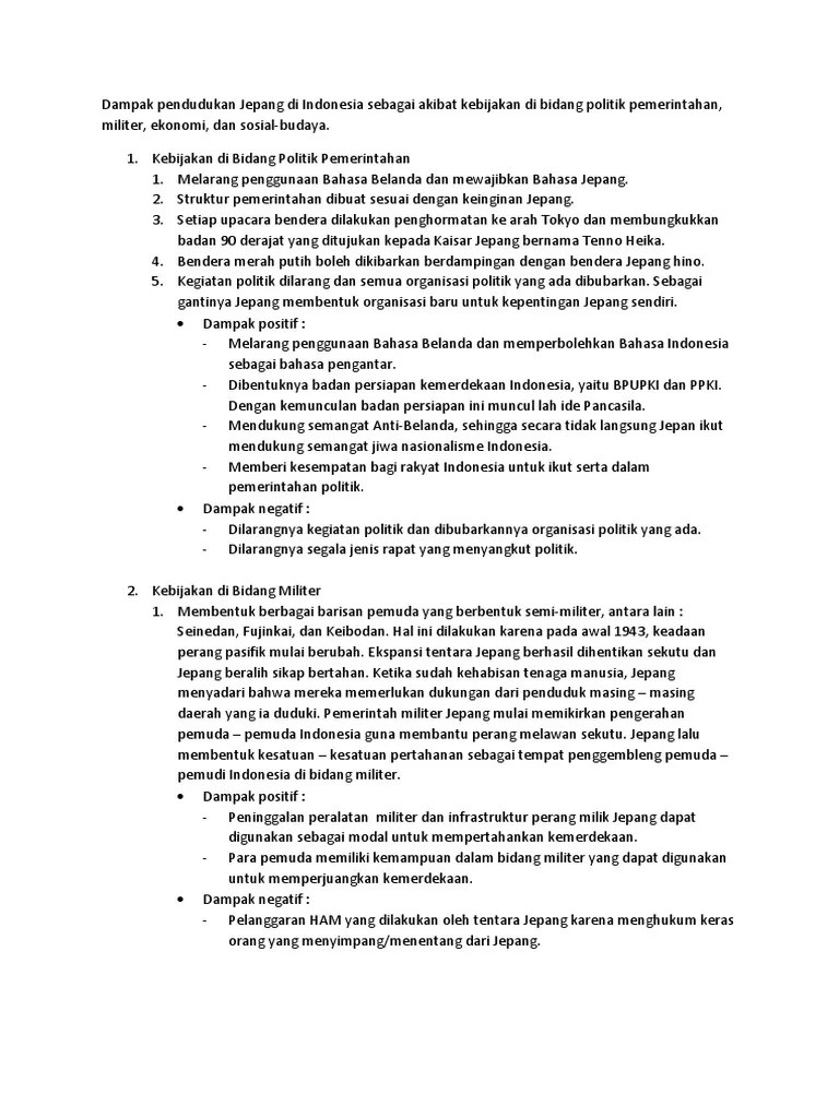 Dampak Pendudukan Jepang Di Indonesia Sebagai Akibat Kebijakan Di Bidang  Politik Pemerintahan | PDF