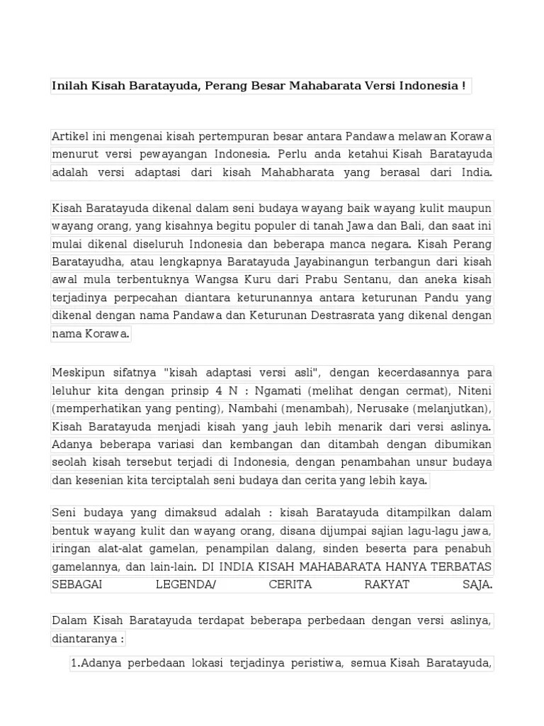 Kisah Baratayuda, Mahabarata Versi Indonesia | PDF