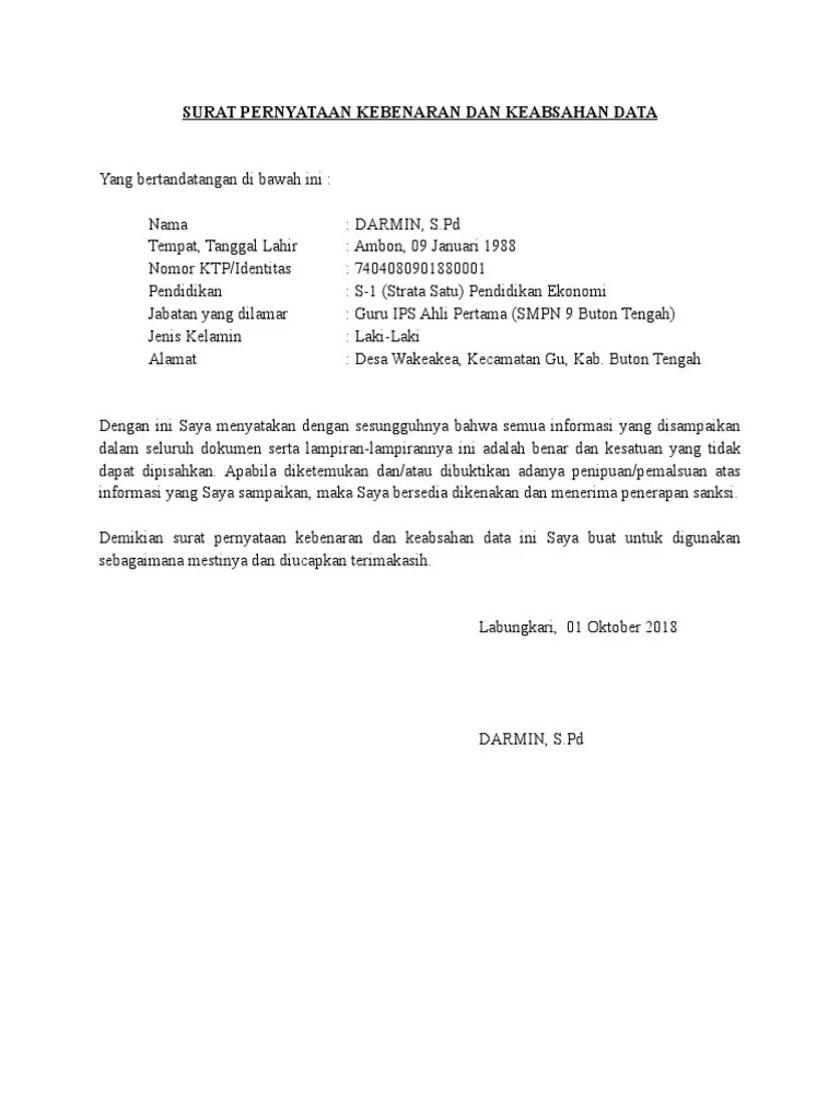 Surat Pernyataan Keabsahan Data | PDF