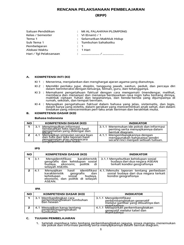 Rpp Ipa Kelas 6 Tentang Ciri Khusus Tumbuhan