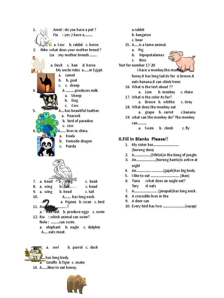 Soal Pilihan Ganda Bahasa Inggris Tentang Animal