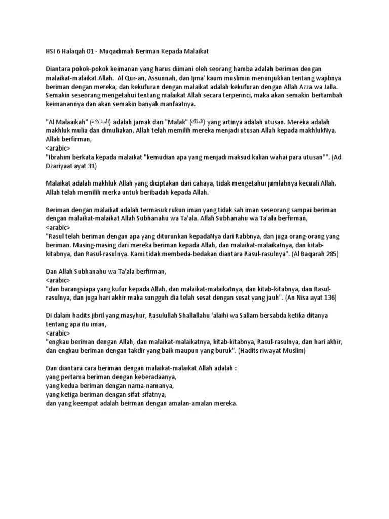 HSI 6 Halaqah 01 - Muqadimah Beriman Kepada Malaikat | PDF