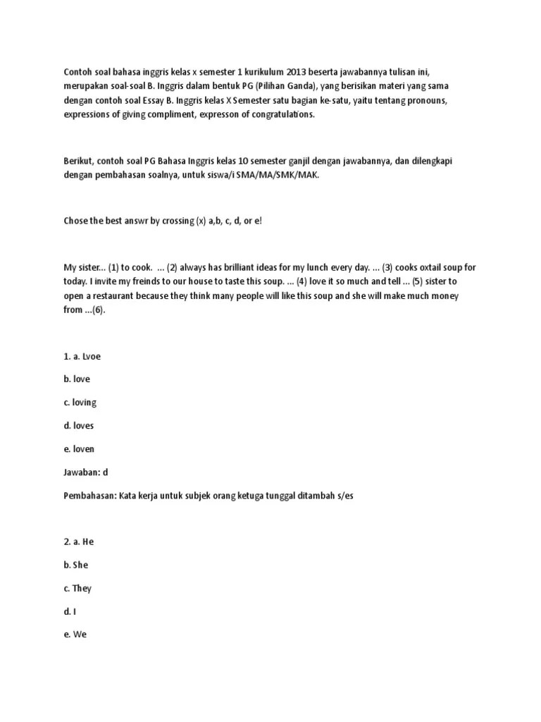 Soal Pilihan Ganda Bahasa Inggris Kelas X Beserta Jawaban - Peranti Guru