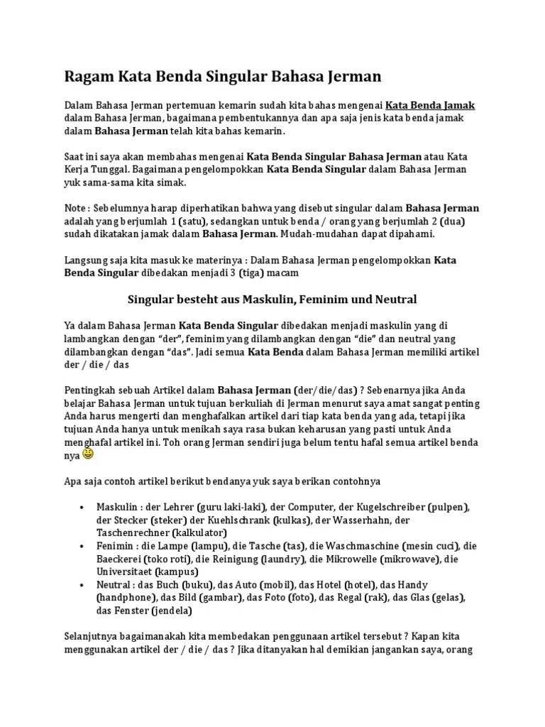 Ragam Kata Benda Singular Bahasa Jerman | PDF
