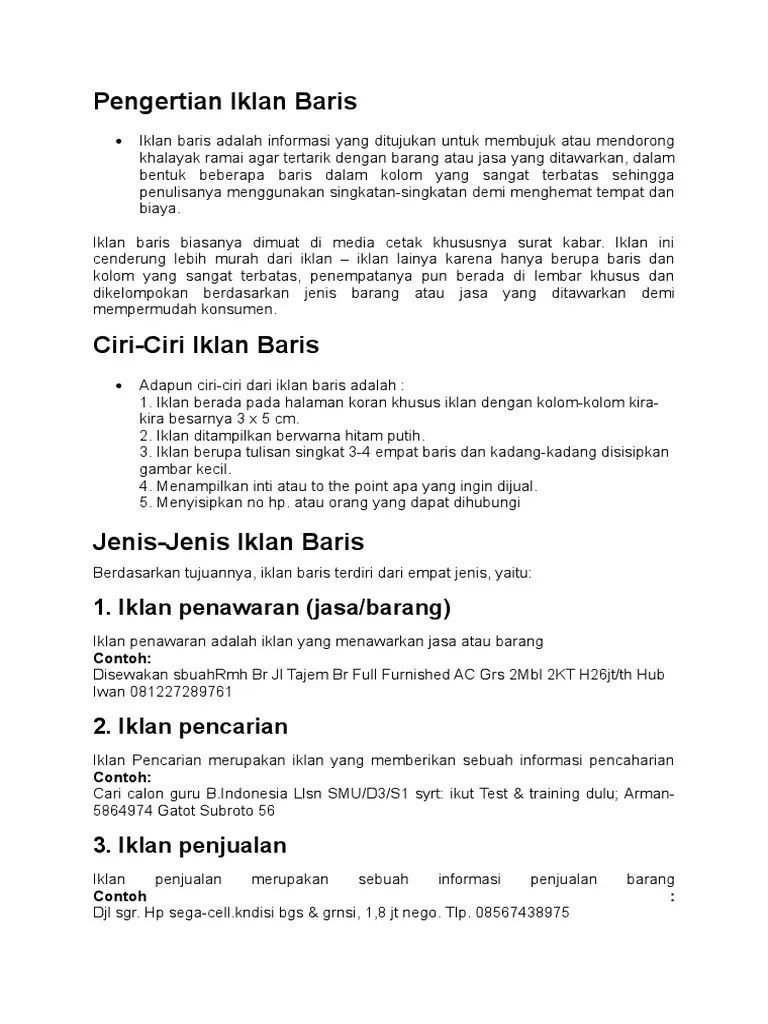 Berikut Ini Yang Bukan Termasuk Ciri Iklan Baris Adalah