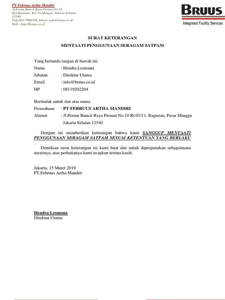 Surat Pernyataan Penggunaan Seragam Satpam | PDF