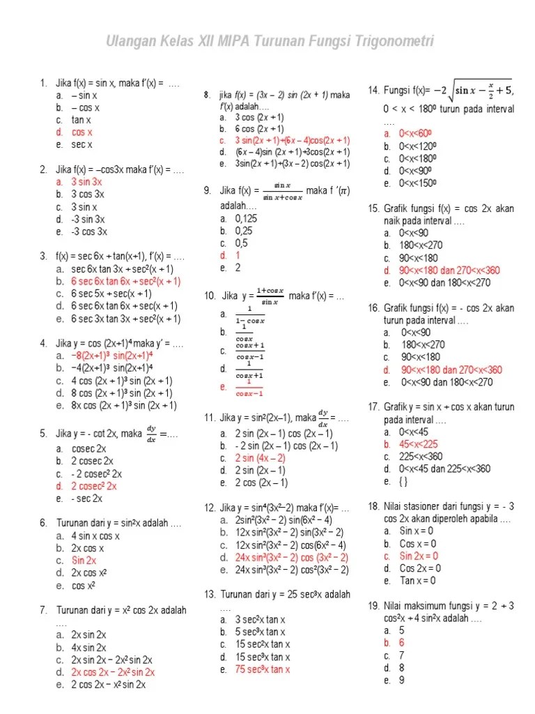 Latihan Ulangan Turunan Trigonometri | PDF