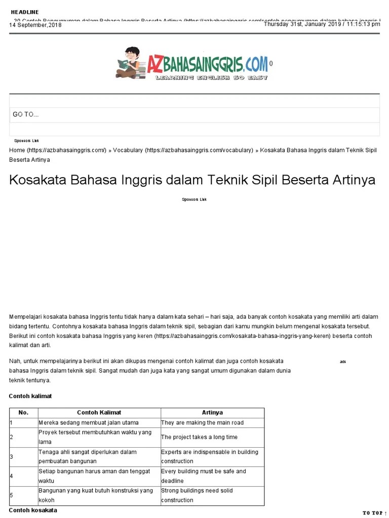 Kosakata Bahasa Inggris Dalam Teknik Sipil Beserta Artinya | PDF