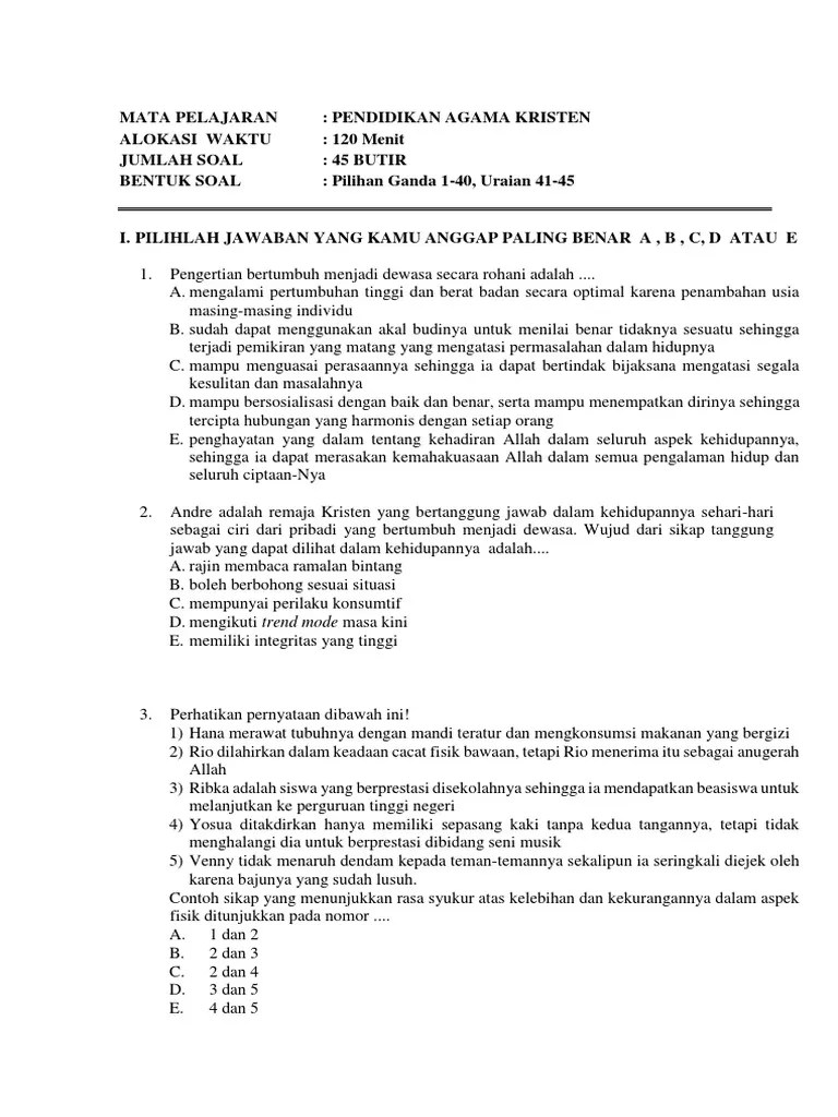 Soal Agama Kristen Tentang Bertumbuh Menjadi Dewasa