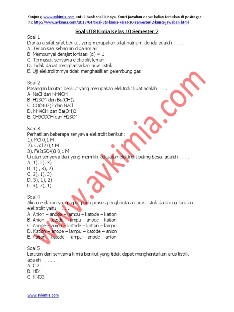 Soal Pat Kimia Kelas 10 Semester 2 Pdf