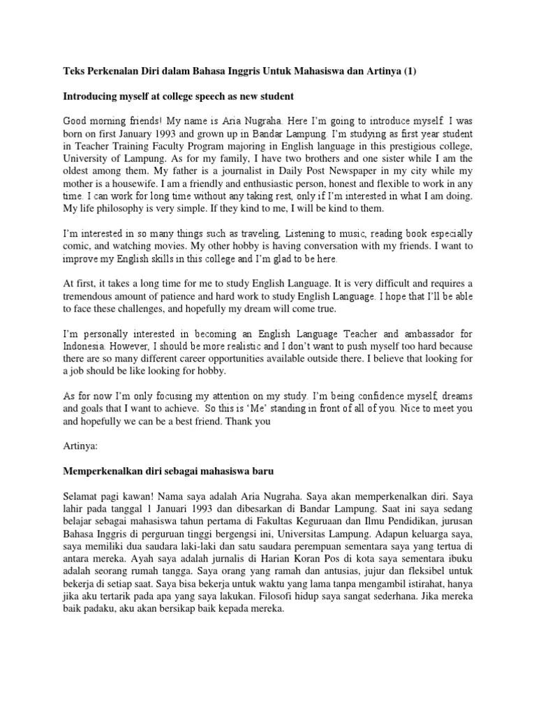 Teks Perkenalan Diri Dalam Bahasa Inggris Untuk Mahasiswa Dan Artinya | PDF  | Indonesian Language