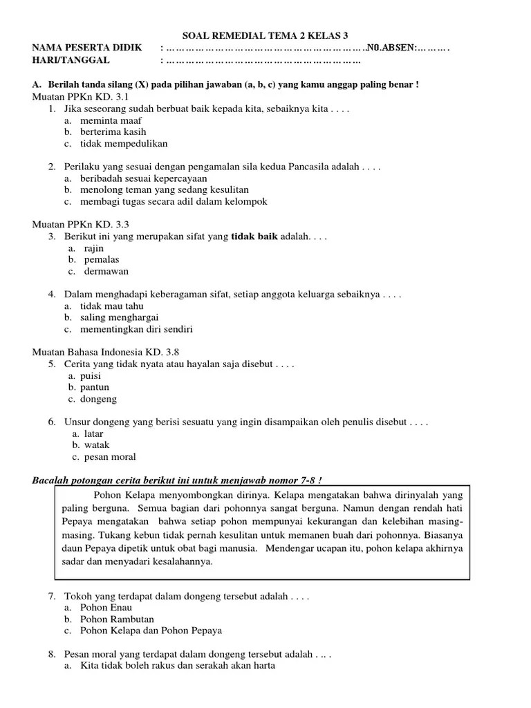 Soal Remedial Tema 2 Kelas 3 | PDF