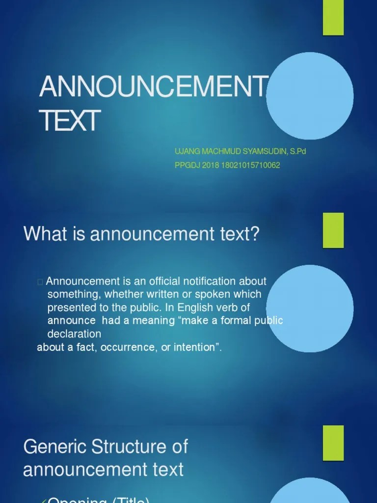 Announcement Text Definition Goal Generic Structure Language Features  Example