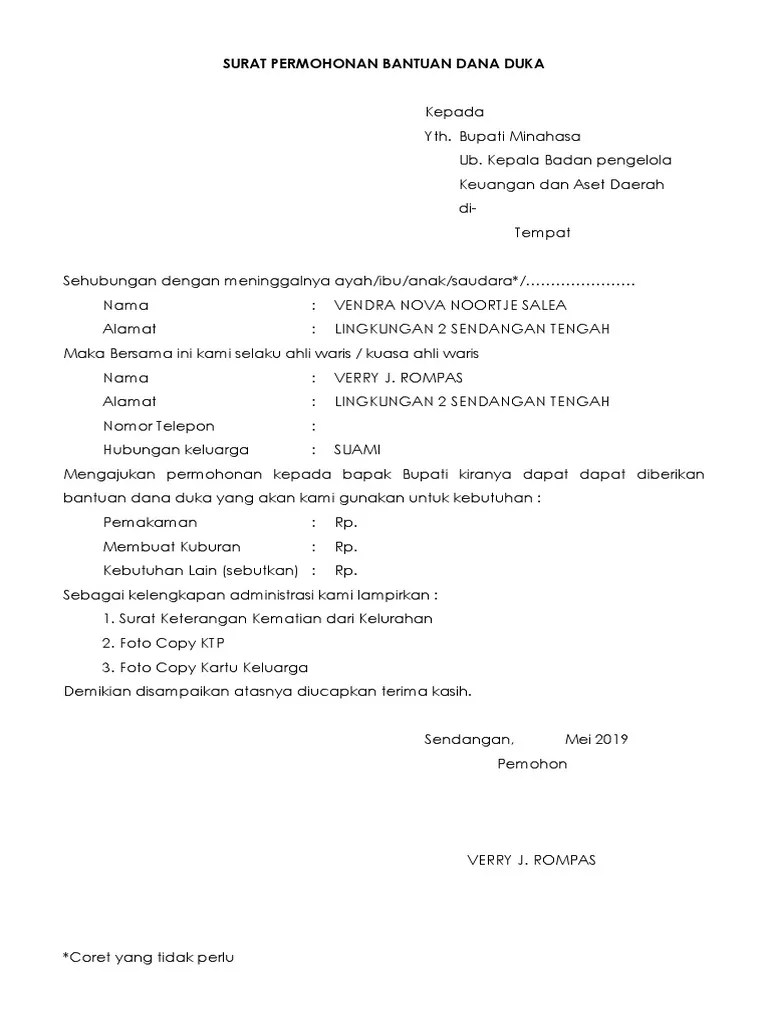 Surat Permohonan Bantuan Dana Duka | PDF
