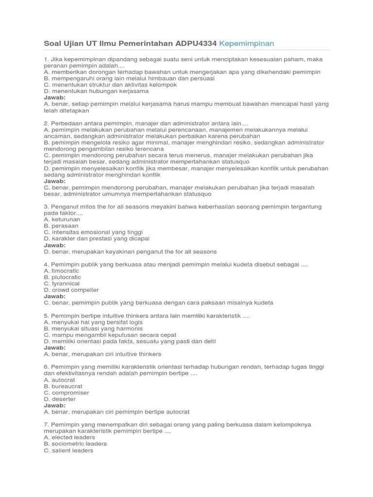 Soal Ujian UT Ilmu Pemerintahan ADPU4334 Kepemimpinan | PDF