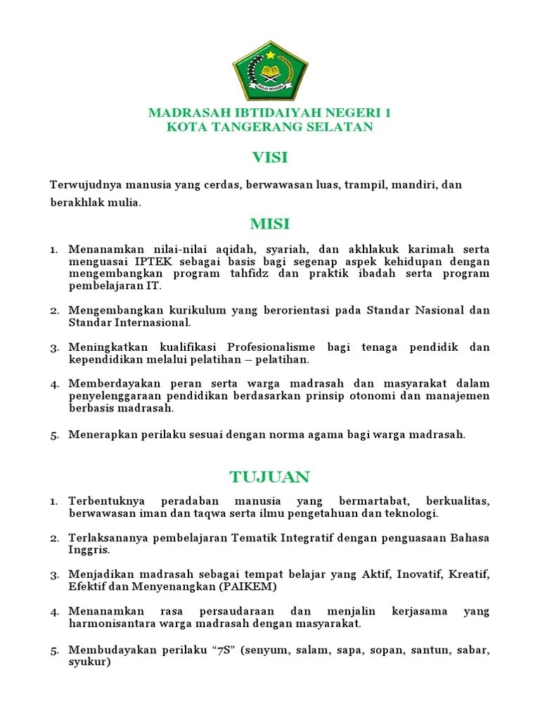 Visi Dan Misi MIN 1 Kota Tangerang Selatan | PDF