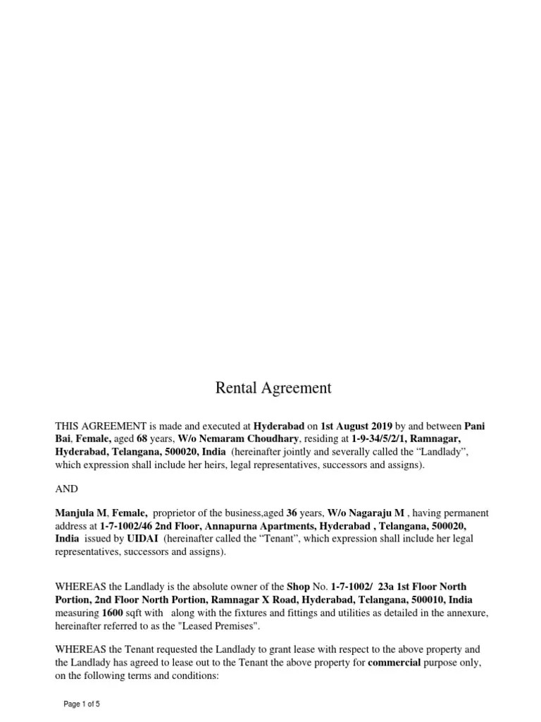 Rental Agreement Template India