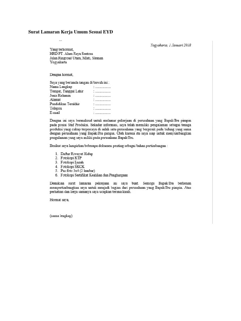 Surat Lamaran Kerja Umum Sesuai EYD | PDF