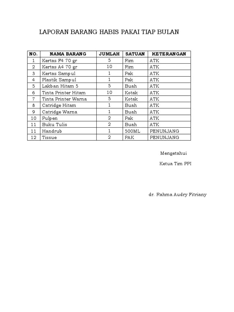 Laporan Barang Habis Pakai Tiap Bulan | PDF