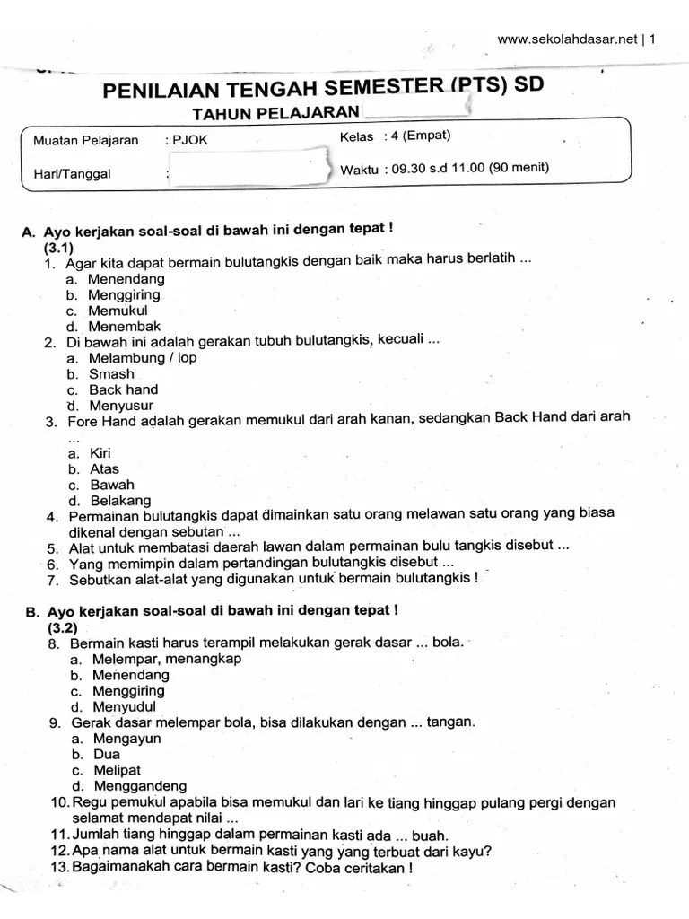 Soal PTS Pjok Kelas 4 PDF | PDF
