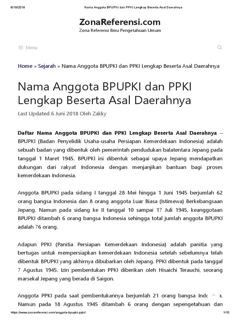 Nama Anggota BPUPKI Dan PPKI Lengkap Beserta Asal Daerahnya | PDF