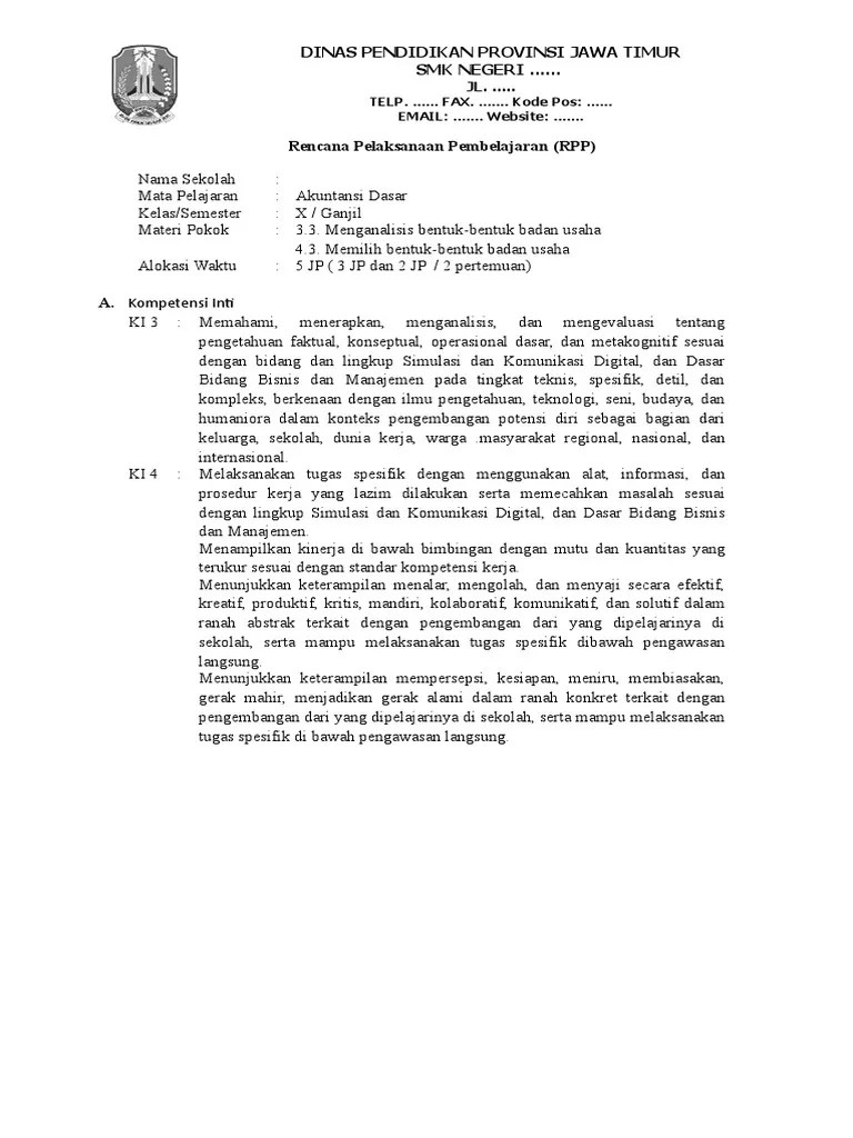RPP Akuntansi Dasar Kelas X Semester 1 KD. 3.3 | PDF