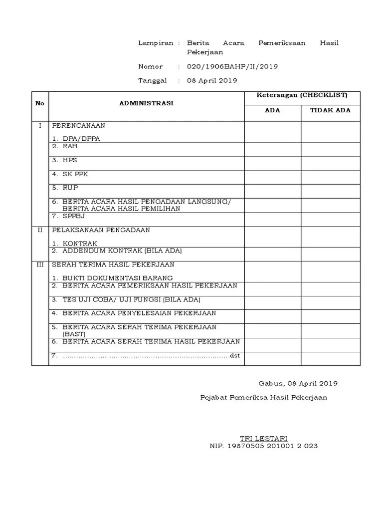 Lampiran Berita Acara Pemeriksaan Hasil Pekerjaan | PDF
