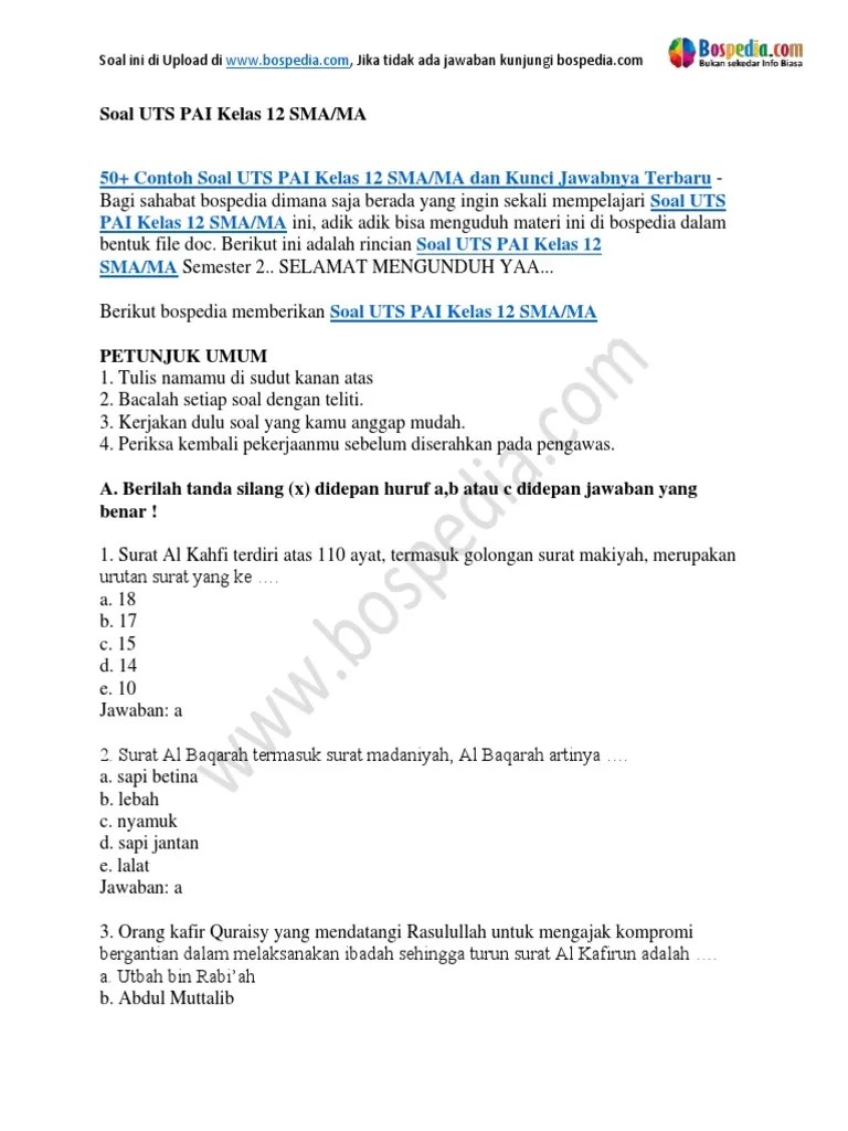 50+ Contoh Soal UTS PAI Kelas 12 SMA MA Dan Kunci Jawabnya | PDF