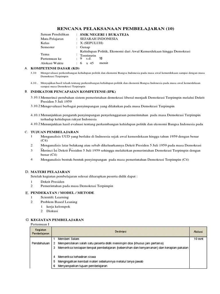RPP 10 Sejarah Indonesia | PDF