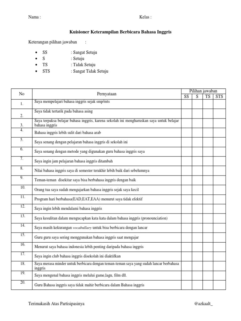 Kuisioner Keterampilan Berbicara Bahasa Inggris | PDF
