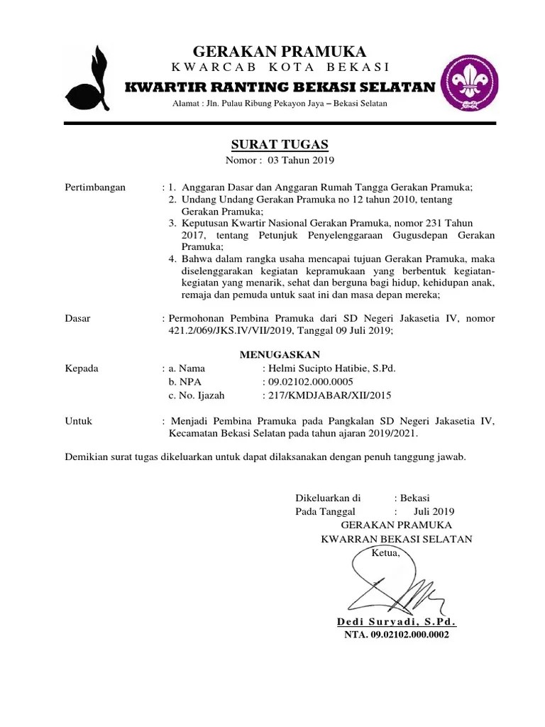 Surat Tugas Pembina GUDEP 19 - gerakan pramuka