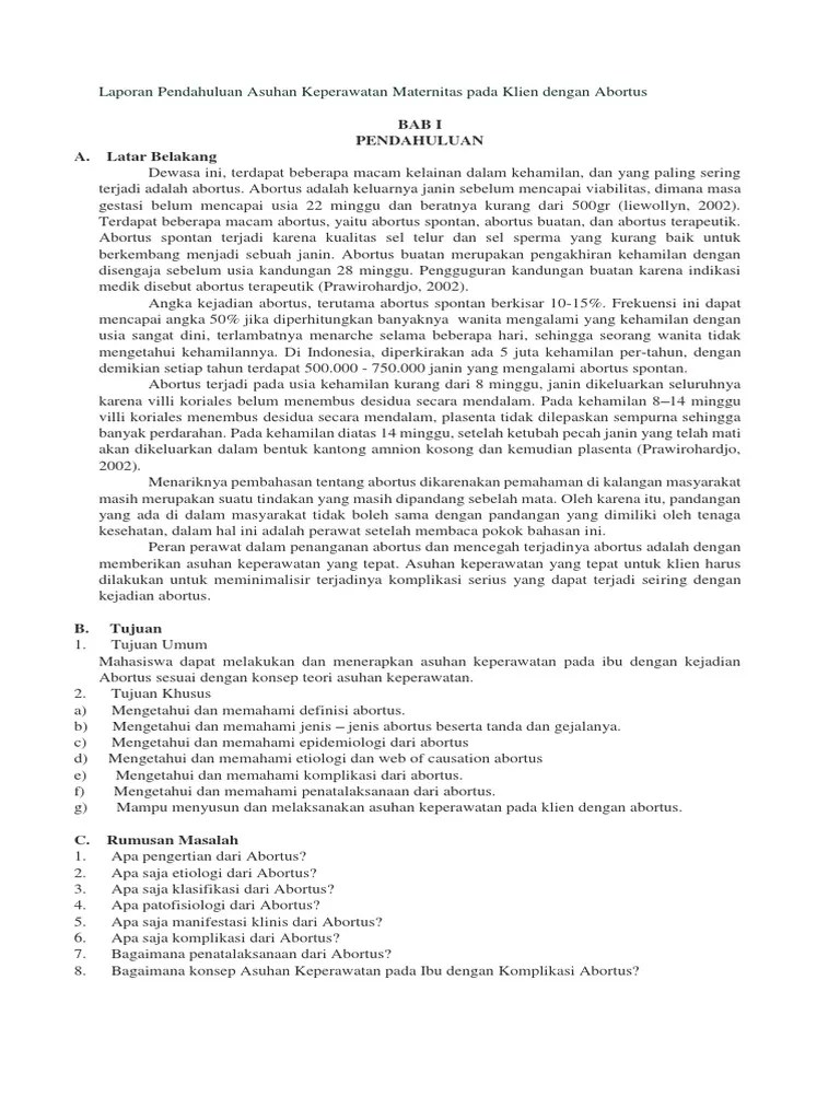 Laporan Pendahuluan Asuhan Keperawatan Maternitas Pada Klien Dengan Abortus  | PDF