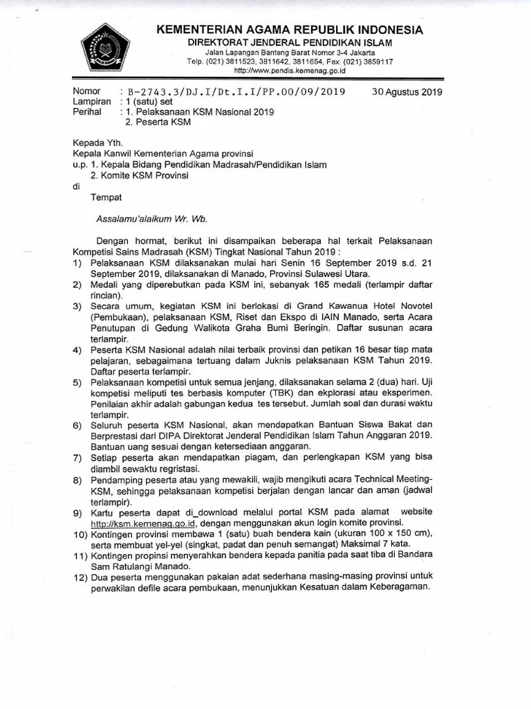 Surat Pelaksanaan Dan Peserta KSM 2019 | PDF