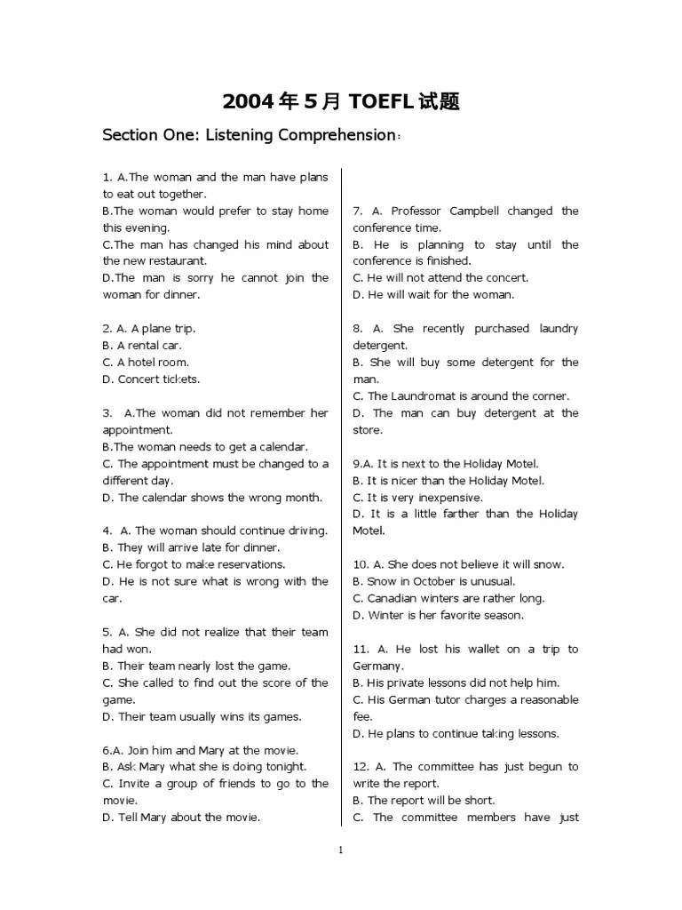Kunci Jawaban Section 1 Listening Comprehension Part A