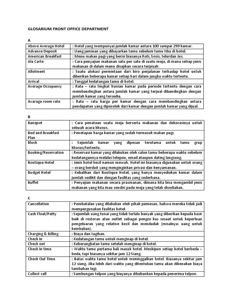Glosarium Istilah Front Office Hotel | PDF