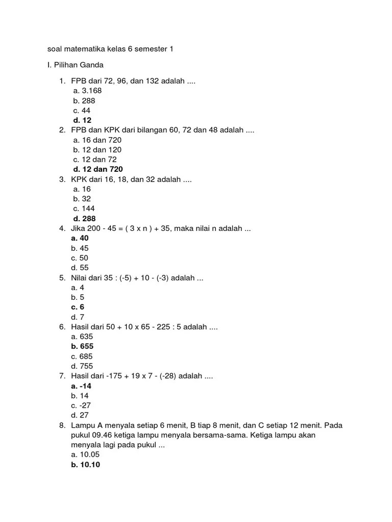Soal Matematika Kelas 6 Semester 1 | PDF