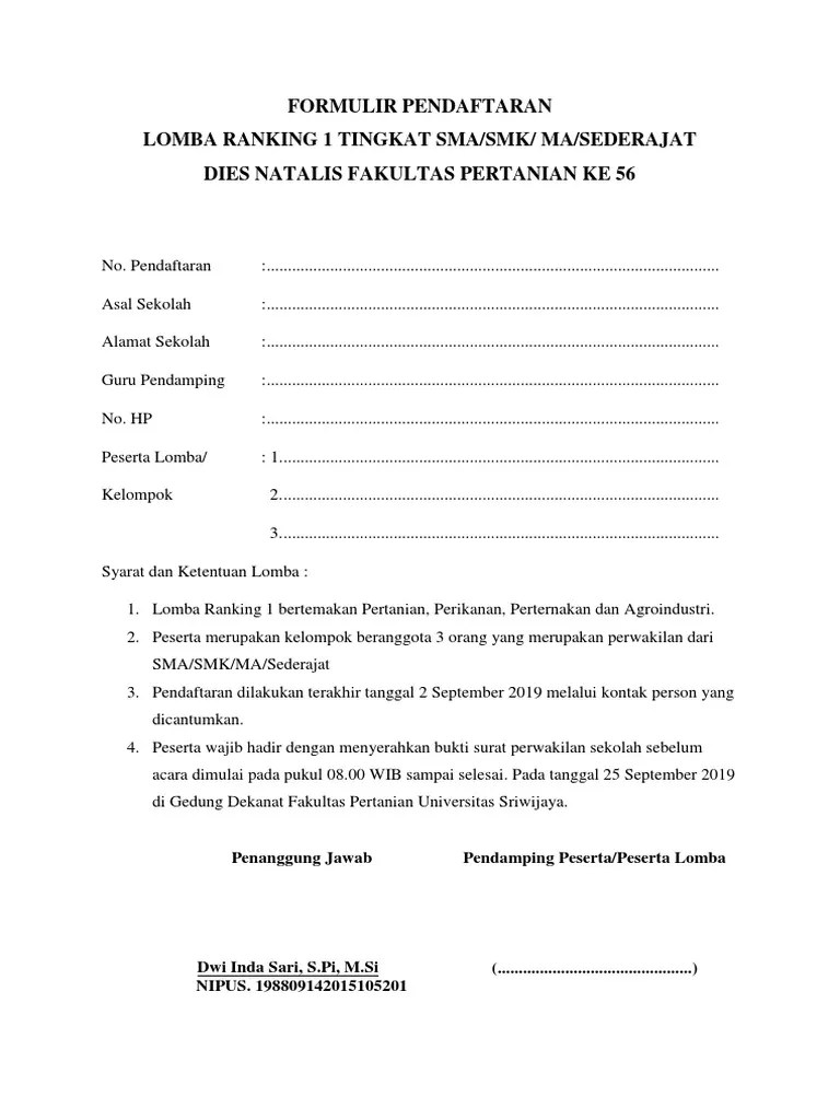 Formulir Pendaftaran Lomba Ranking 1 | PDF