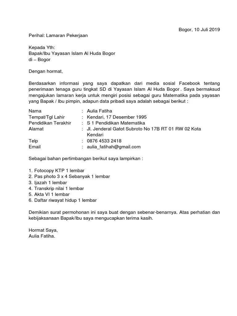 Contoh Surat Lamaran Kerja Di Sekolah Yayasan | PDF