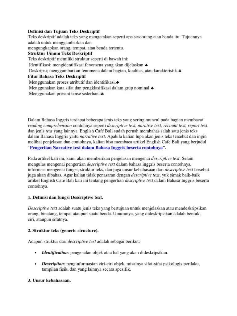 Definisi Descriptive Text Dalam Bahasa Inggris Dan Terjemahannya