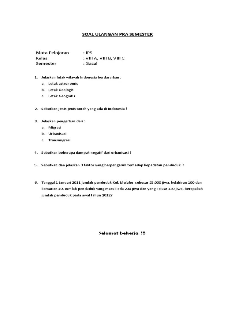 Soal Ulangan Pra Semester | PDF