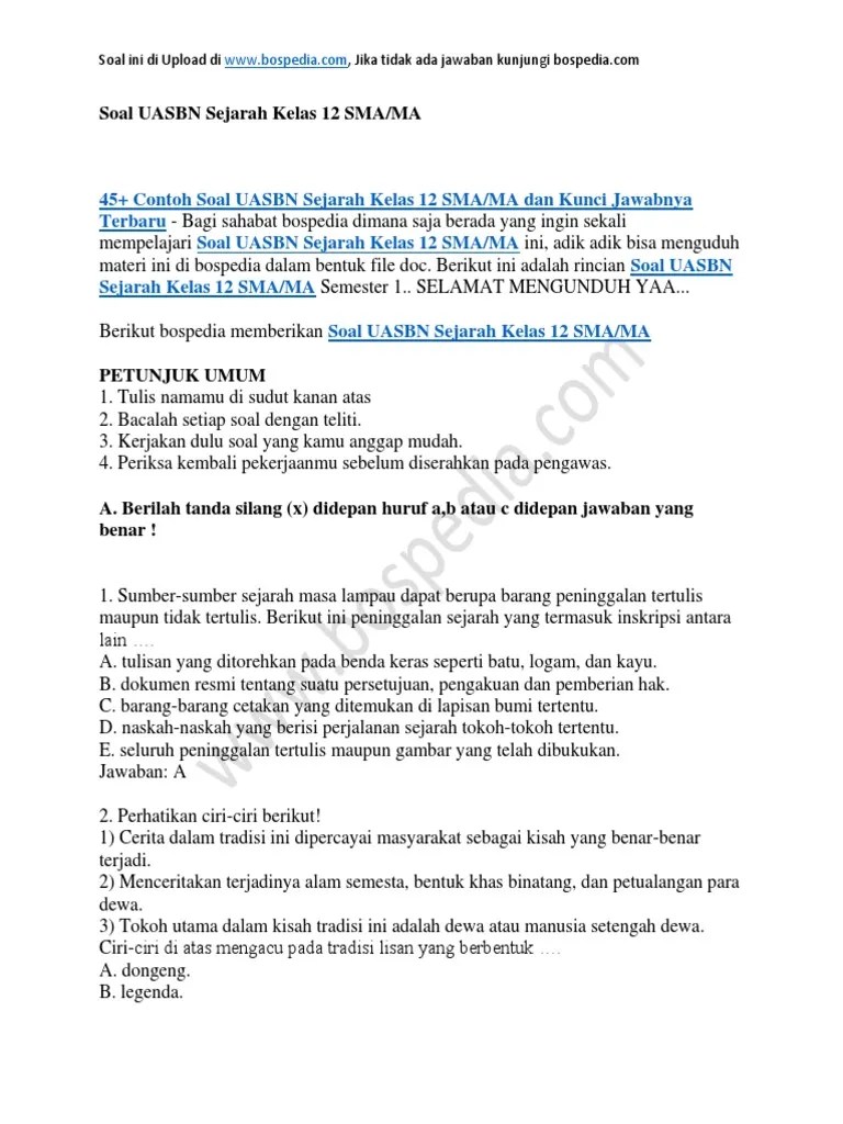 45+ Contoh Soal UASBN Sejarah Kelas 12 SMA MA Dan Kunci Jawabnya | PDF