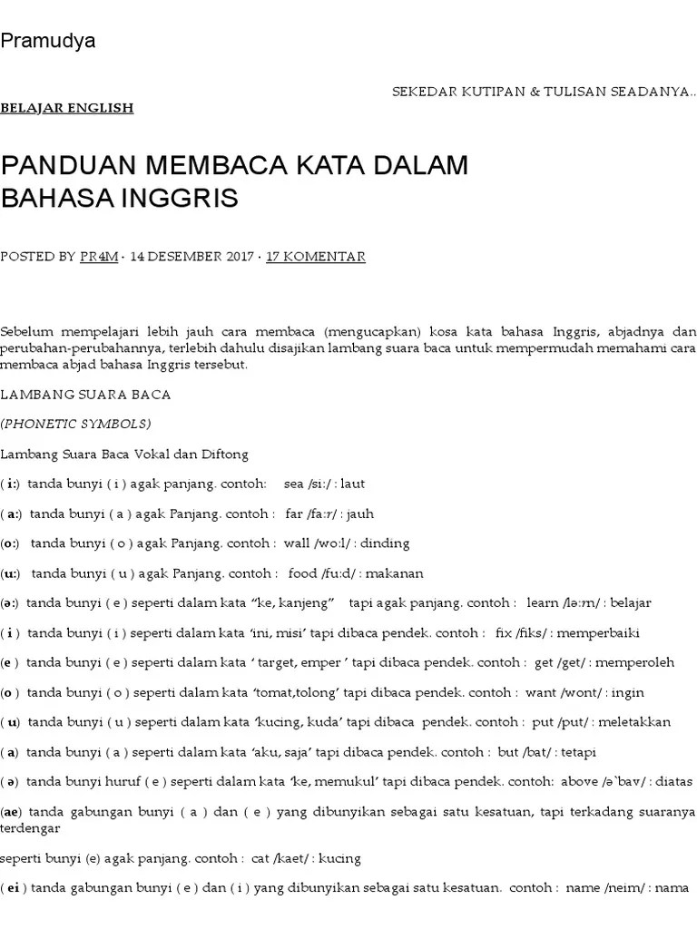 Panduan Membaca Kata Dalam Bahasa Inggris - Pramudya | PDF