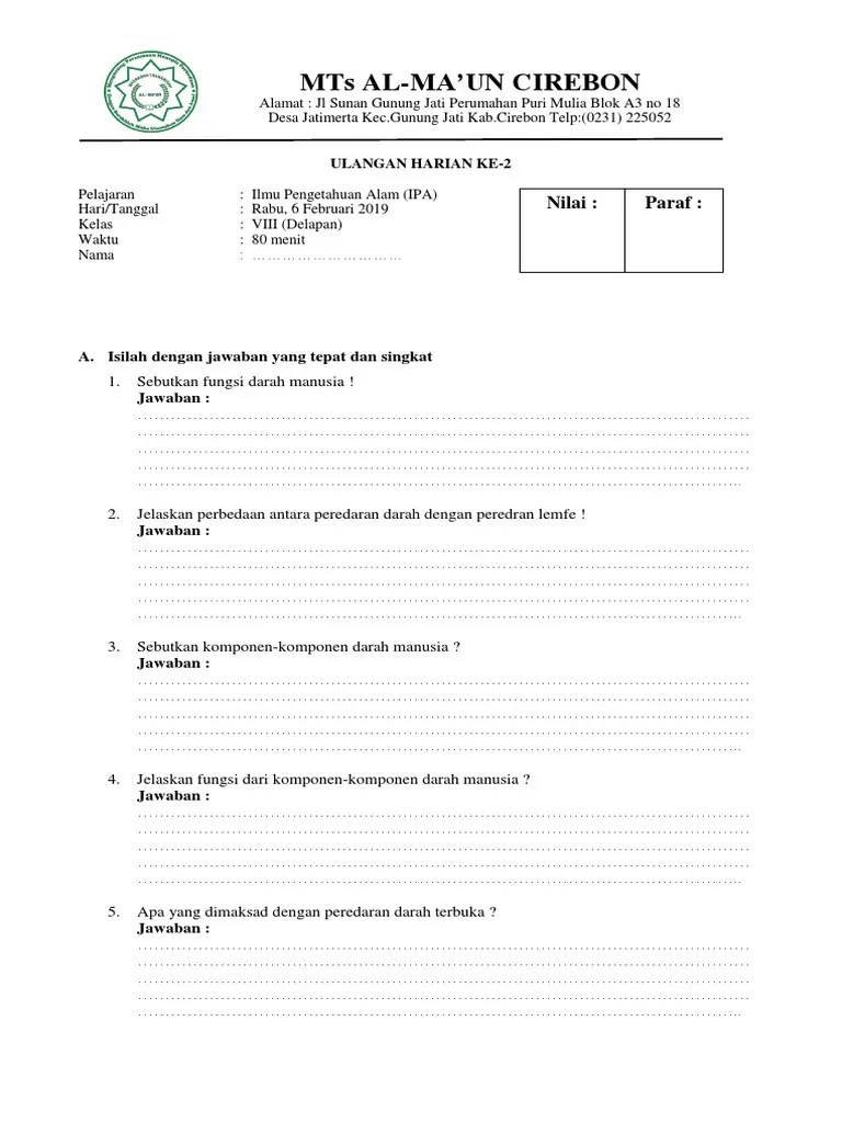 Soal Ulhar Sistem Peredaran Darah Kelas 8