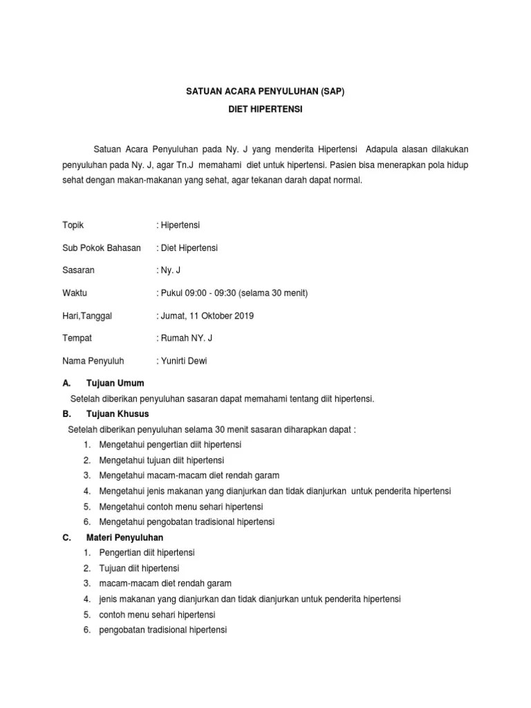 Satuan Acara Penyuluhan (Sap) Diet Hipertensi | PDF