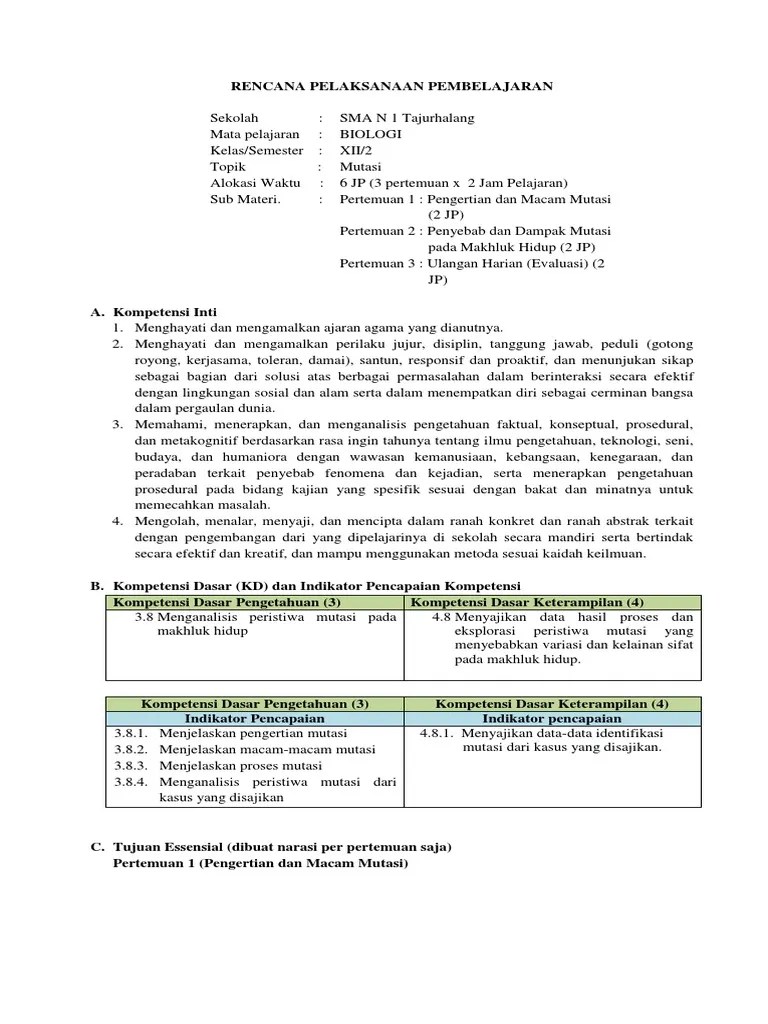 RPP Mutasi Biologi Kelas 12 | PDF