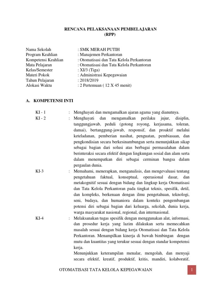 Contoh RPP Otk Kepegawaian K13 KD 3.1 KLS Xi | PDF