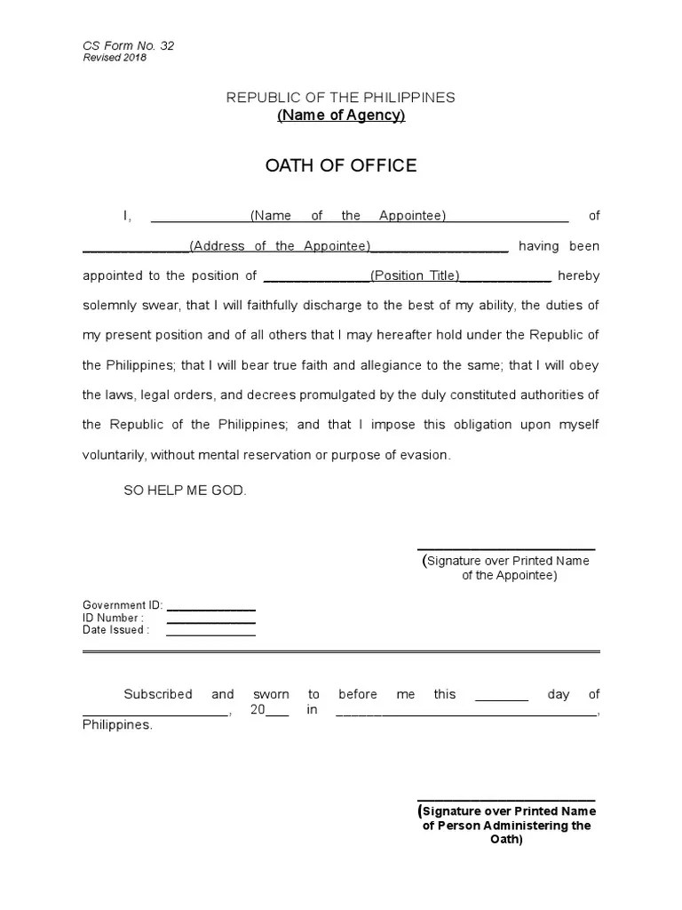 CS Form No. 32 Oath of Office 2018 | PDF