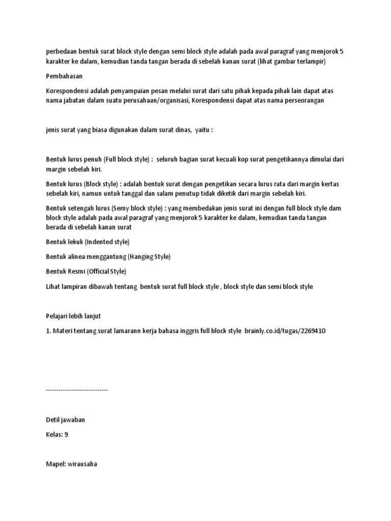 Perbedaan Bentuk Surat Block Style Dengan Semi Block Style Adalah Pada Awal  Paragraf Yang Menjorok 5 Karakter Ke Dalam | PDF