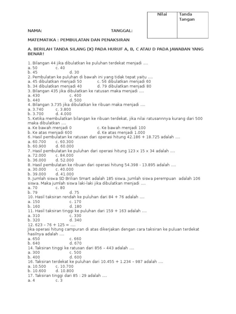 Soal Matematika Kelas 4 Penaksiran Dan Pembulatan | PDF
